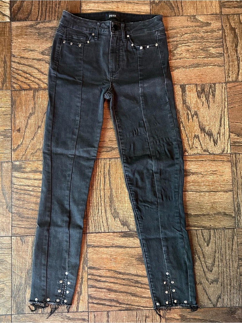 PAIGE Black Skinny Jeans with Studded Hem